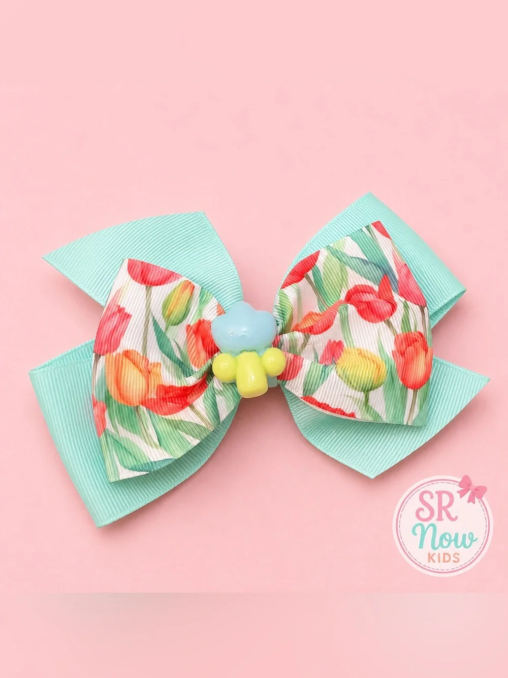 Girls Multicolor Floral Tulip Hair Bow Large Grosgrain Ribbon Alligator Clip